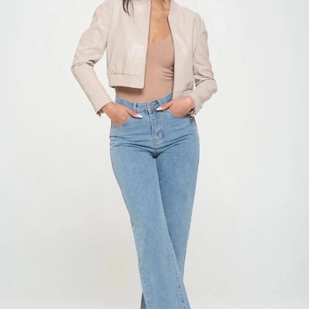 Vegan Leather Cropped Bomber Jacket