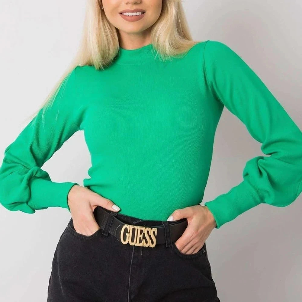Ribbed Blouse with Long Sleeves and Wide Cuffs
