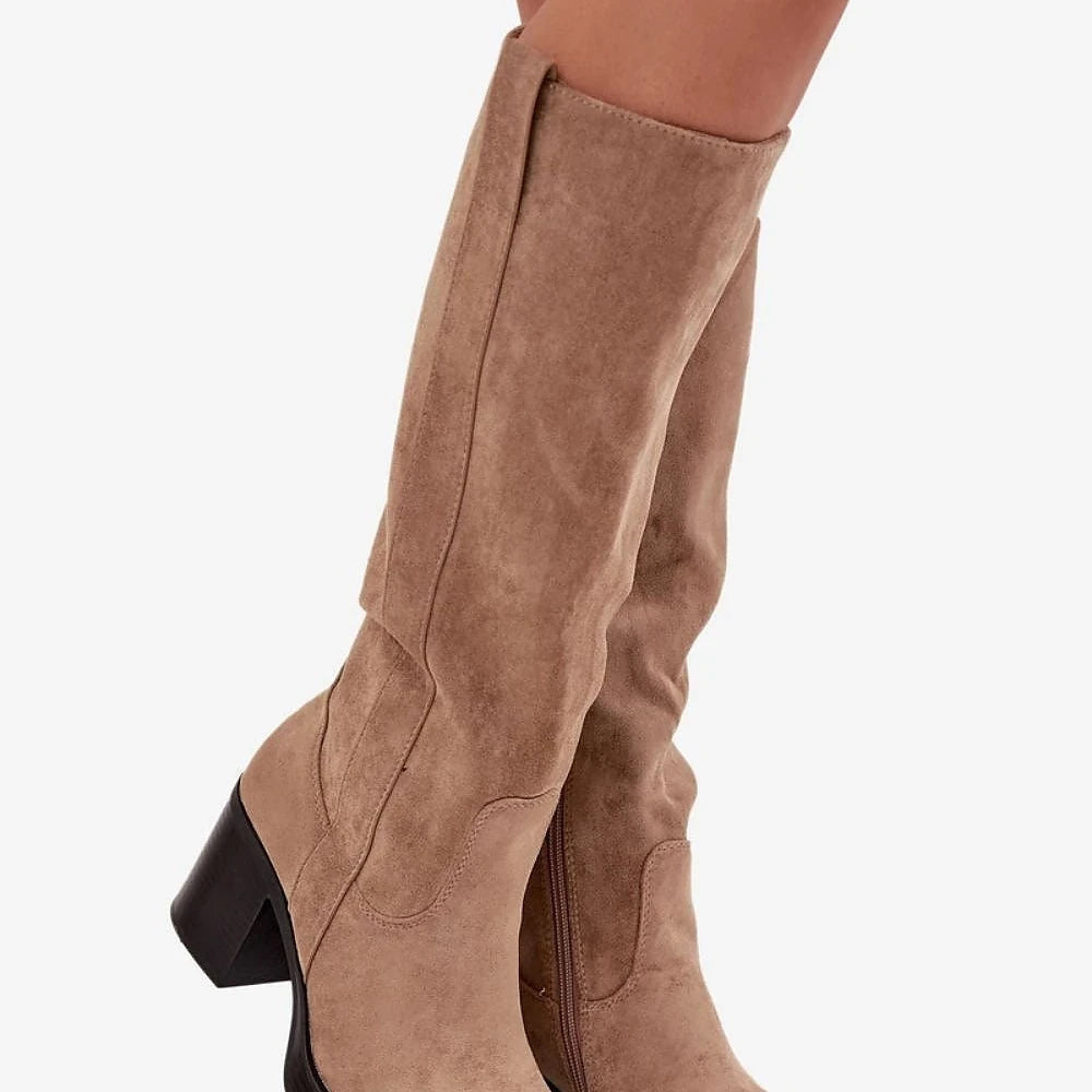 Beige Suede Ankle Boots with Block Heel