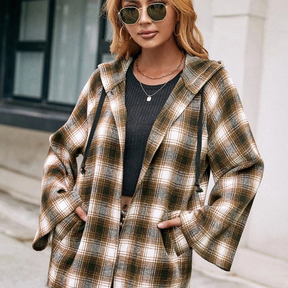 Women's Plaid Hooded Jacket with Pockets