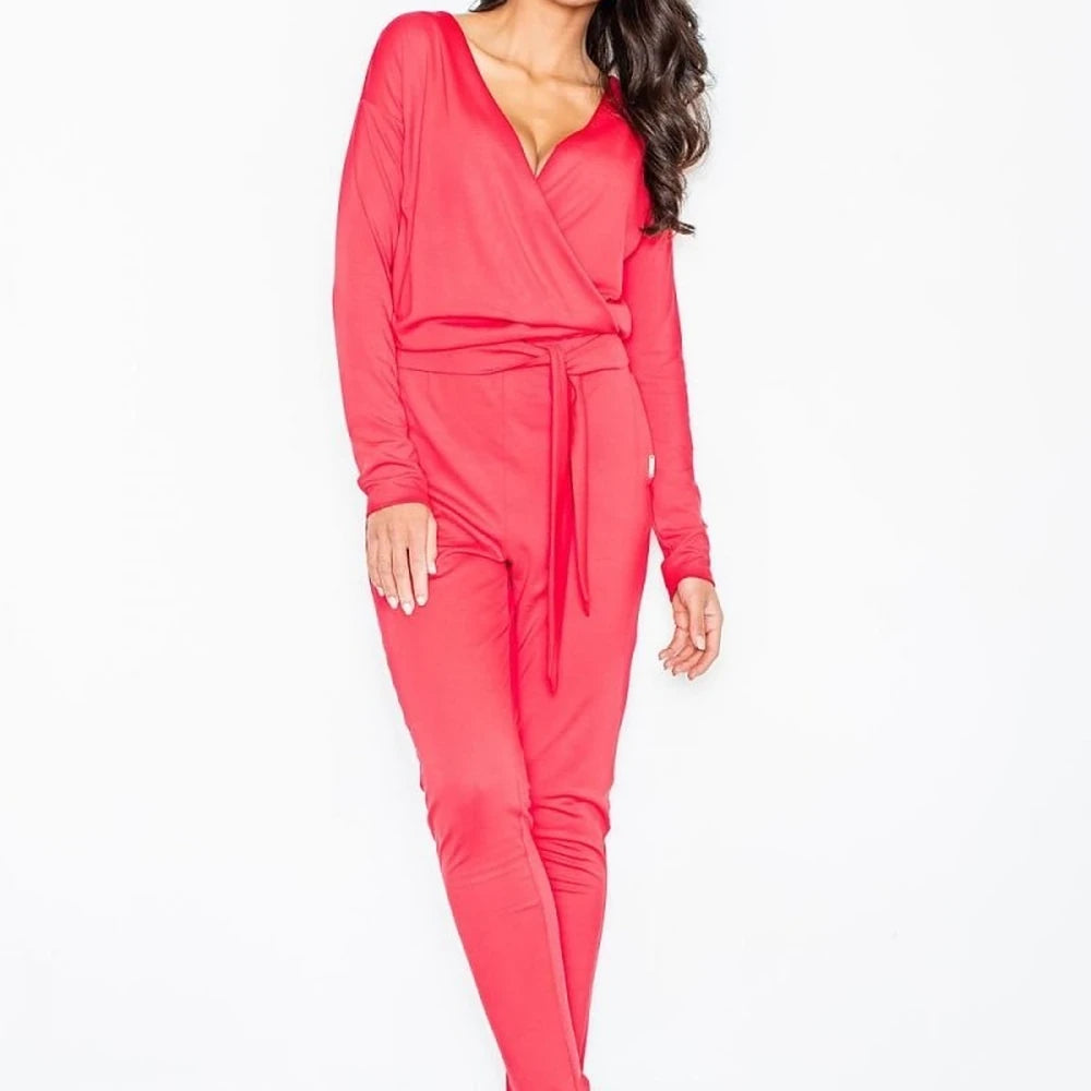 Women's Long Sleeve Jumpsuit with Belted Waist