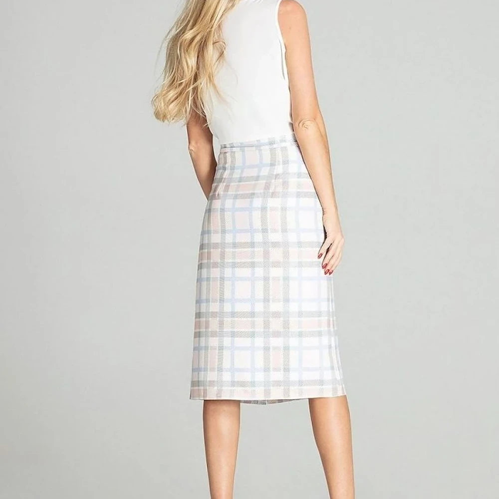 Checked Midi Skirt with Front Overlap