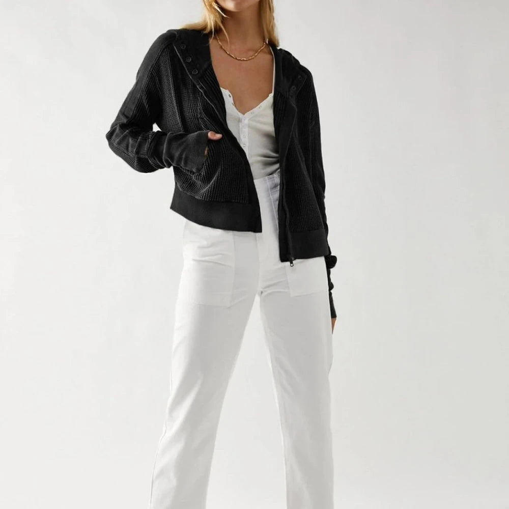 Waffle Knit Hooded Jacket with Dropped Shoulders