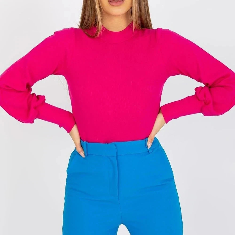 Ribbed Blouse with Long Sleeves and Wide Cuffs