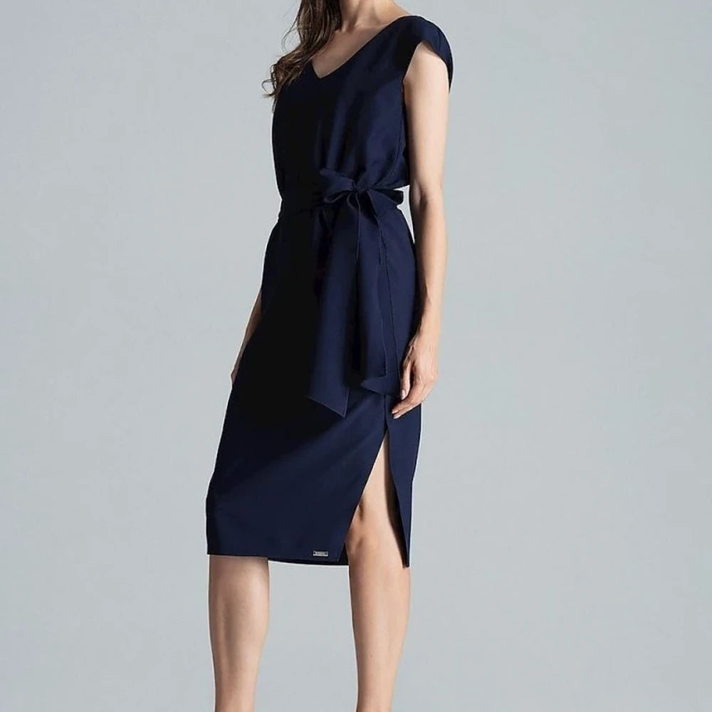 Navy Blue V-Neck Midi Dress