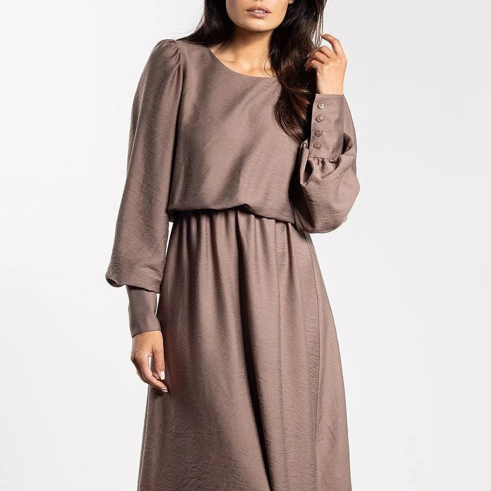 Midi Dress with Elastic Waist and Long Sleeves