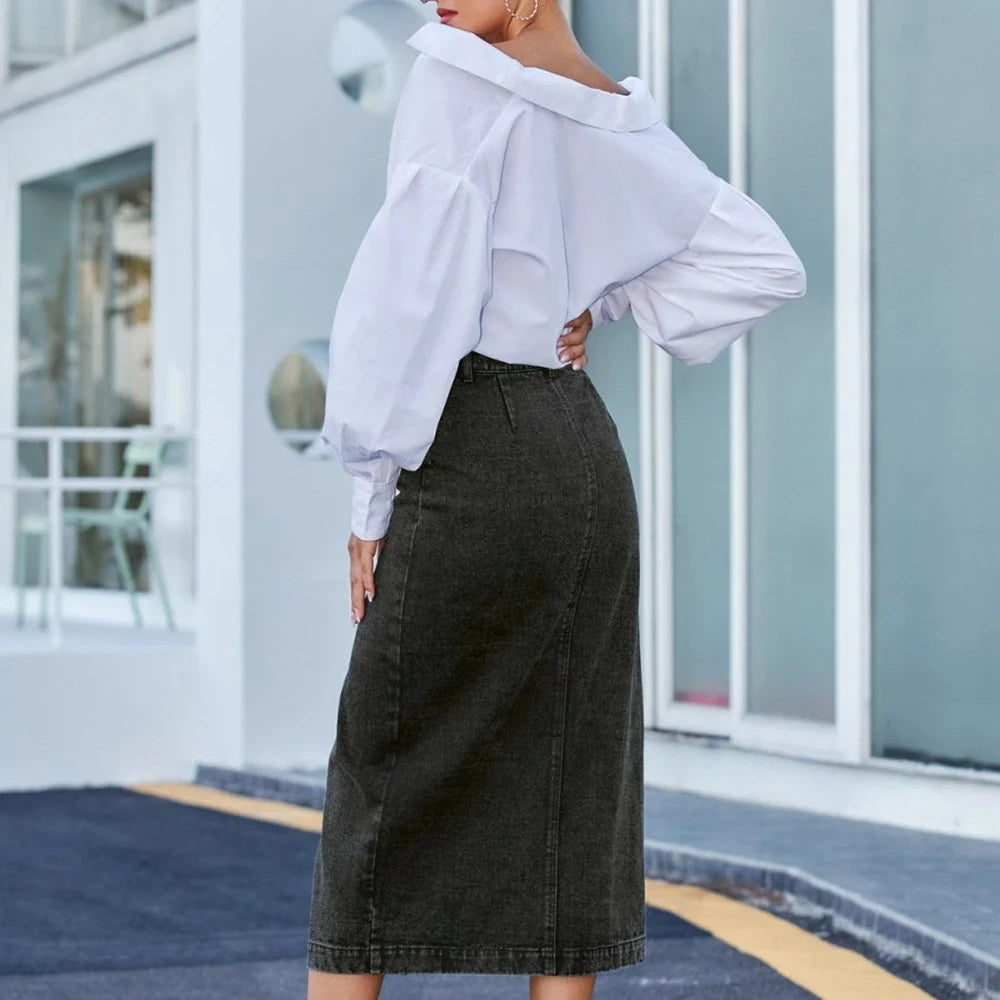 Button Down Denim Skirt with Belt