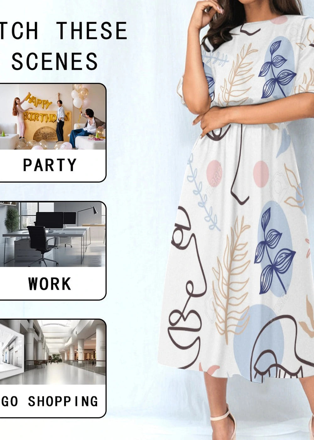 Polyester elastic waist dress with abstract print