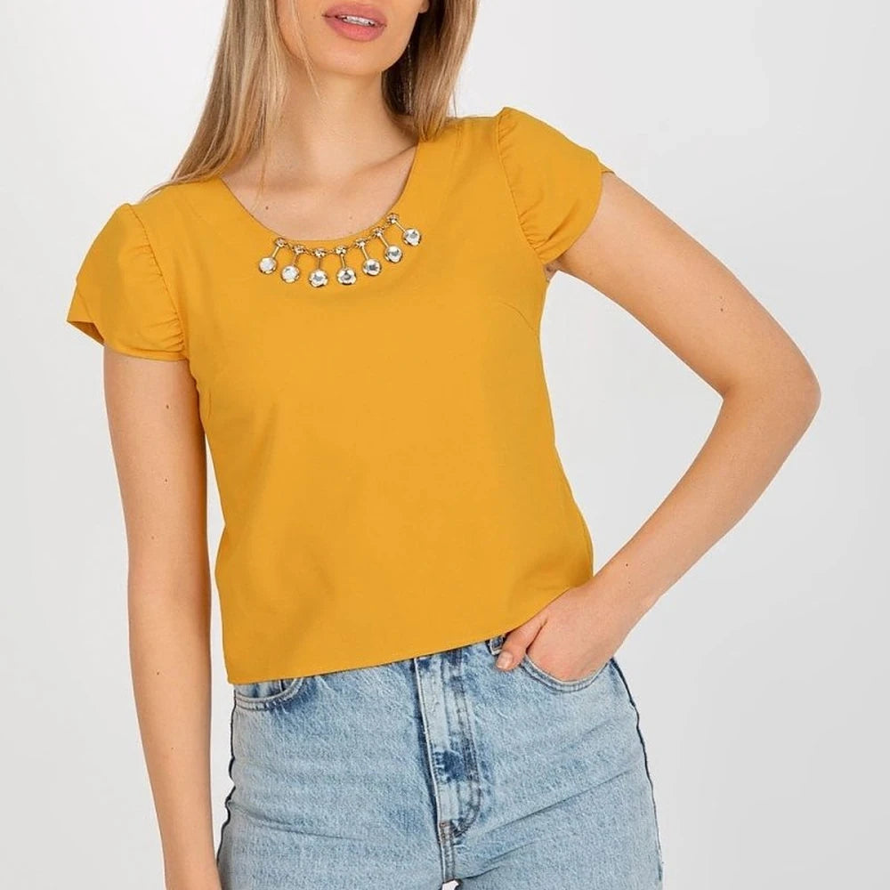 Embellished Cotton Short Sleeve Blouse