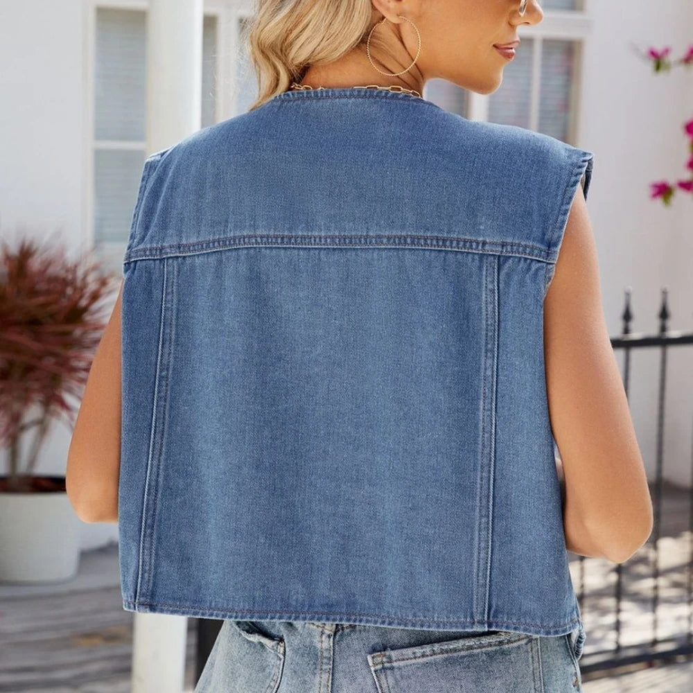 Sleeveless Denim Jacket with Pockets