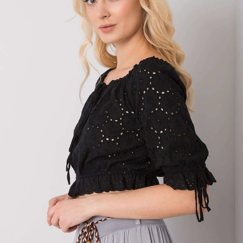 Openwork Cotton Short Sleeve Blouse