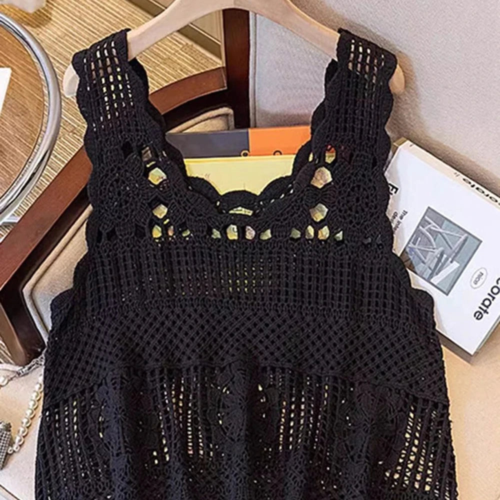 Cream Openwork Scoop Neck Cotton Tank