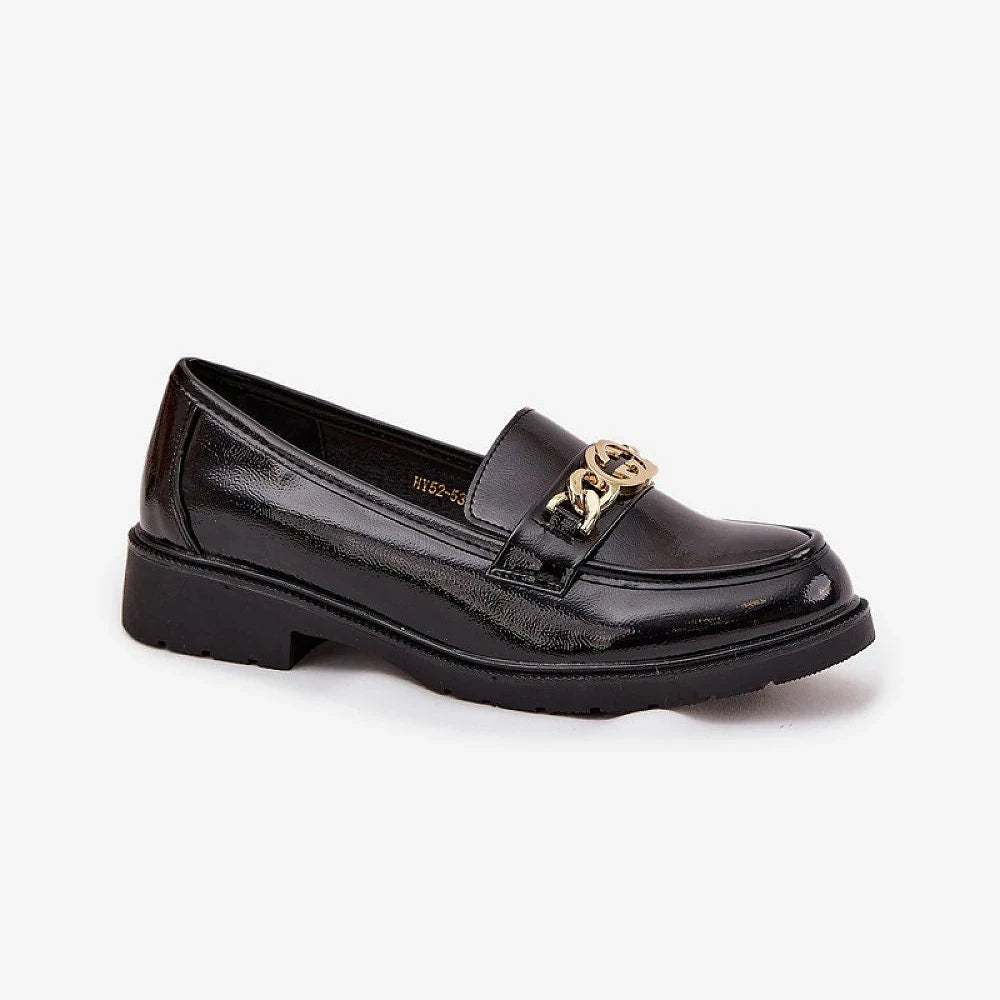 Black Leather Loafers with Gold Ornament