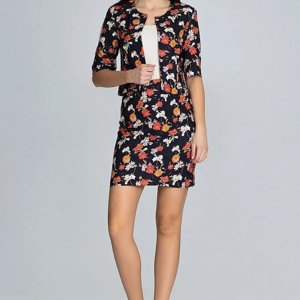 Floral Print Skirt and 3/4 Sleeve Jacket Set
