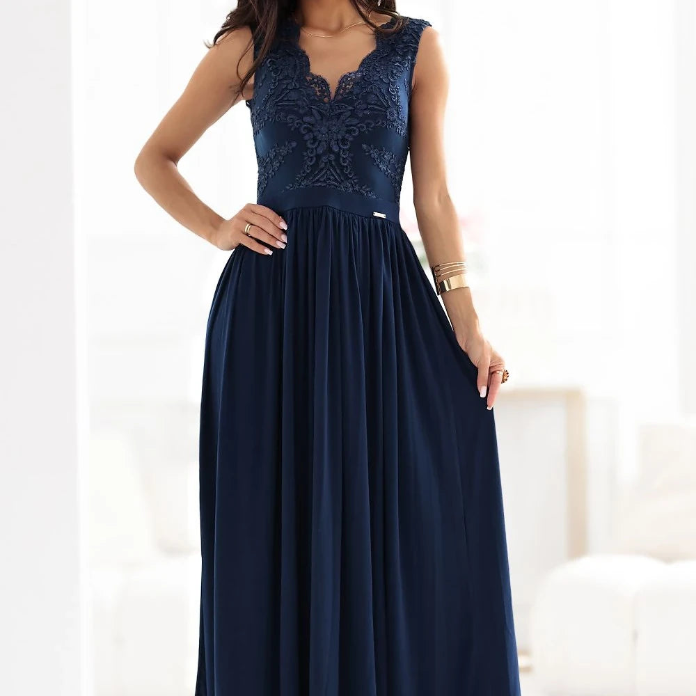 Navy Blue Lace Evening Dress with V-Neck