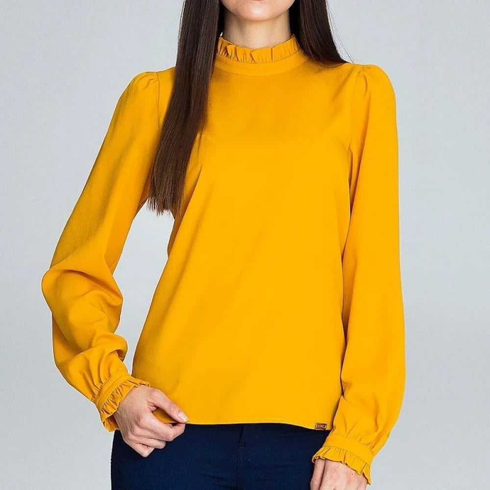 Pleated Sleeve Frill Blouse - Long Sleeve Top