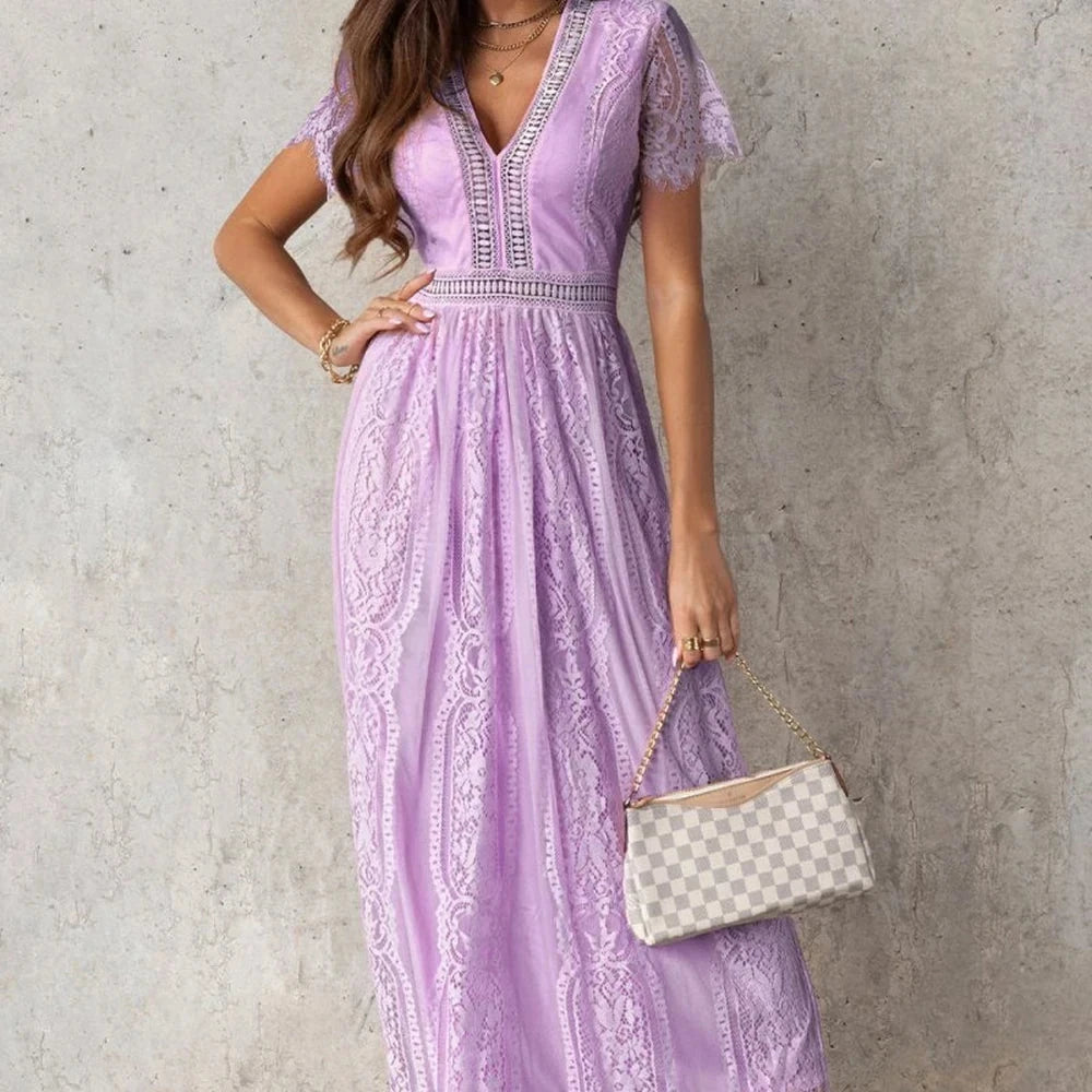Scalloped Lace V-Neck Maxi Dress