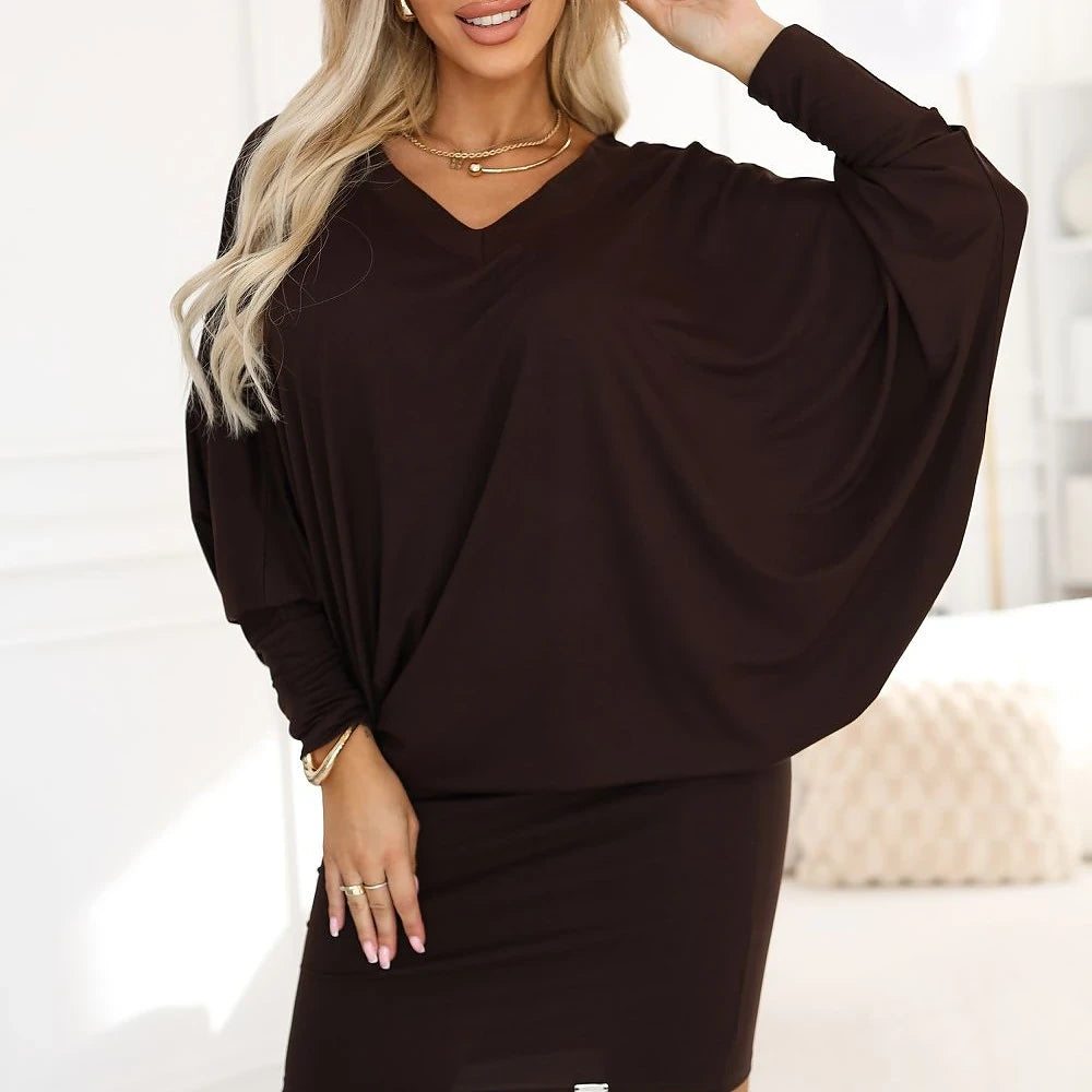 Dark Brown V-Neck Batwing Dress