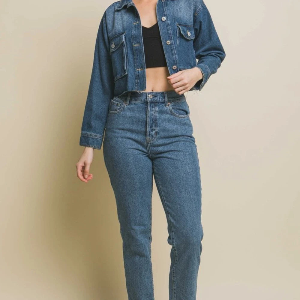 Cropped Denim Jacket with Raw Hem
