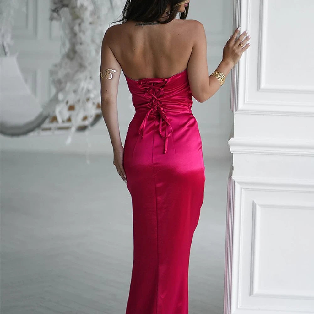 Shiny Satin Strapless Long Dress
