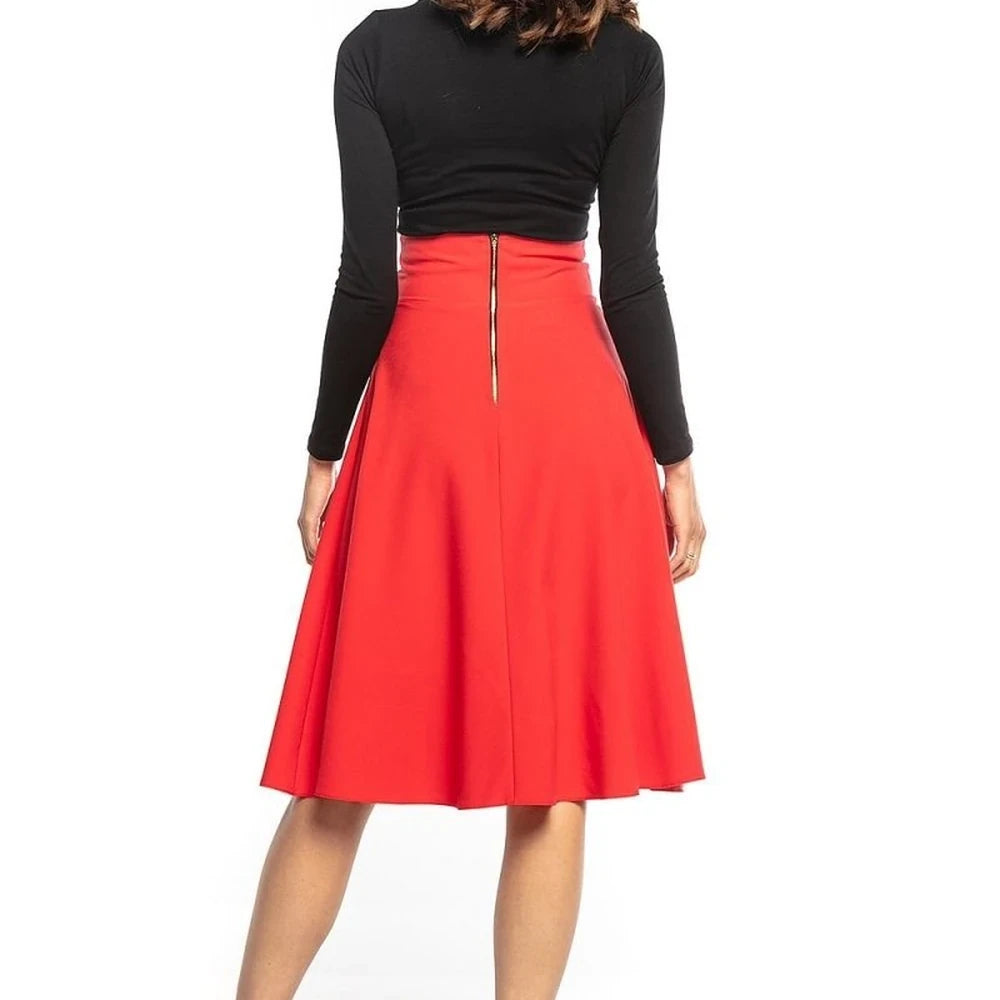 Red High Waist Midi Skirt with Zipper