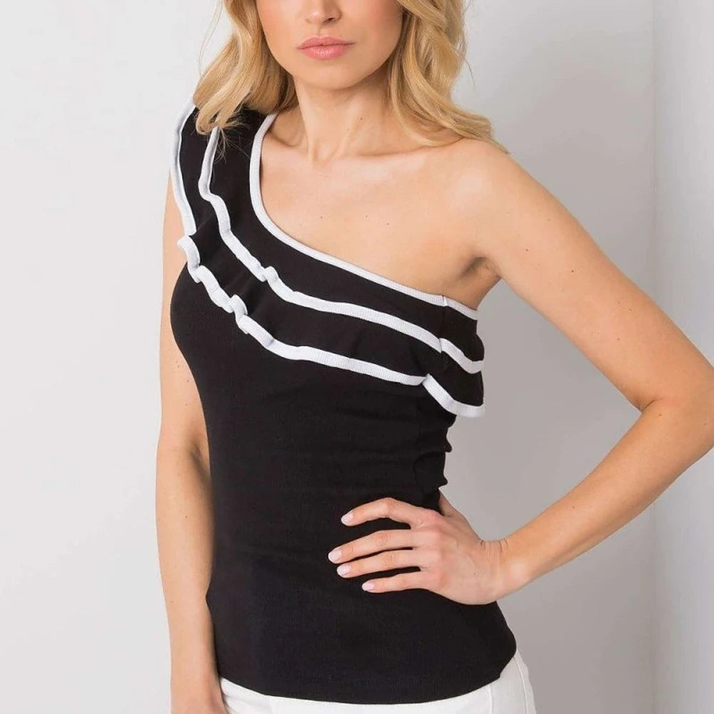 Asymmetrical Neckline Top with Decorative Frill