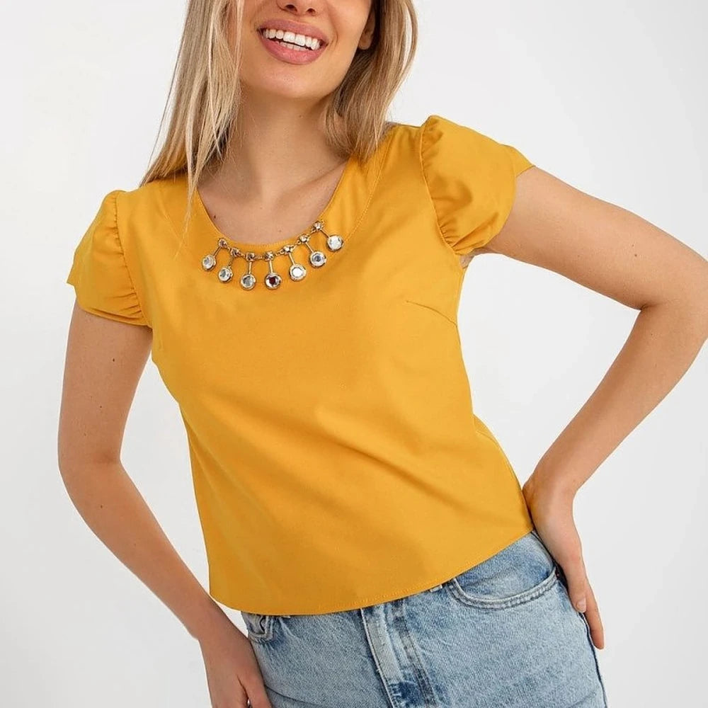 Embellished Cotton Short Sleeve Blouse