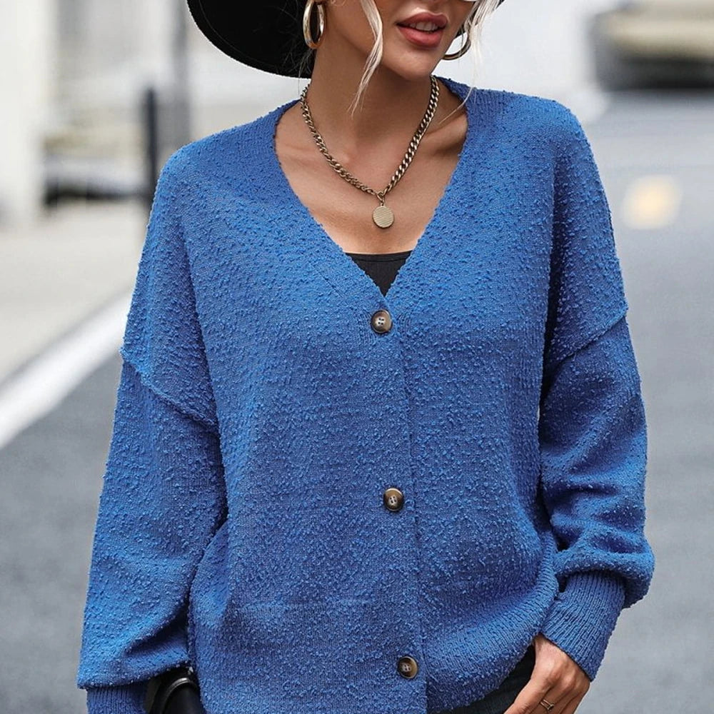 Button-Up V-Neck Cardigan with Dropped Shoulders