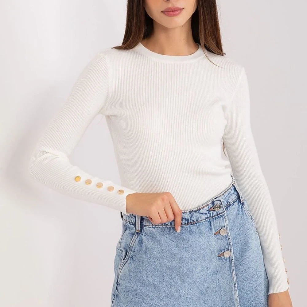 Ribbed Knit Sweater with Sleeve Buttons