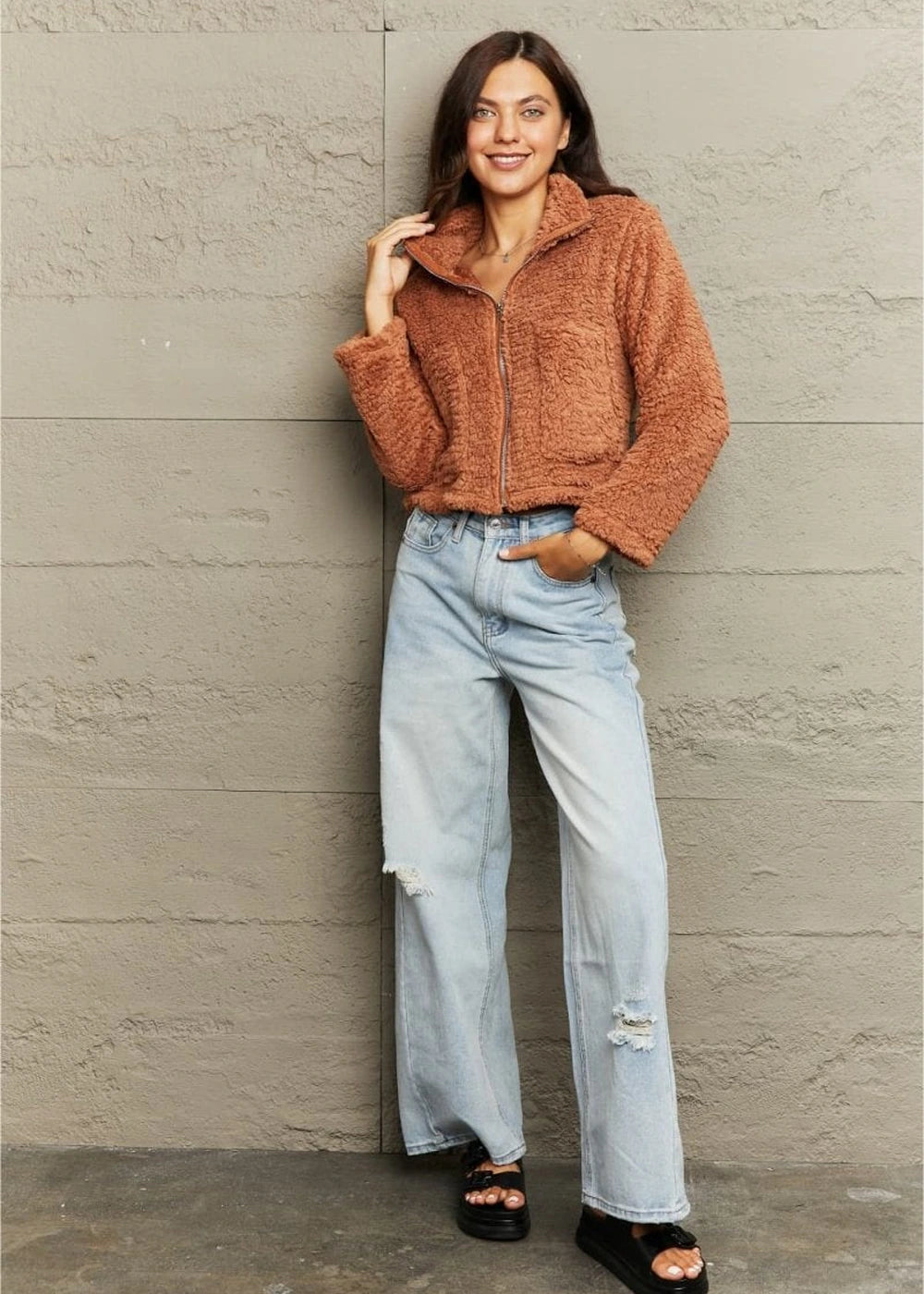 Polyester zip-up teddy jacket