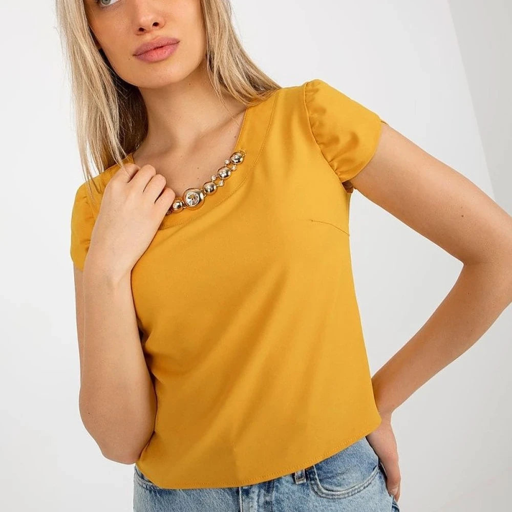 Embellished Cotton Short Sleeve Blouse