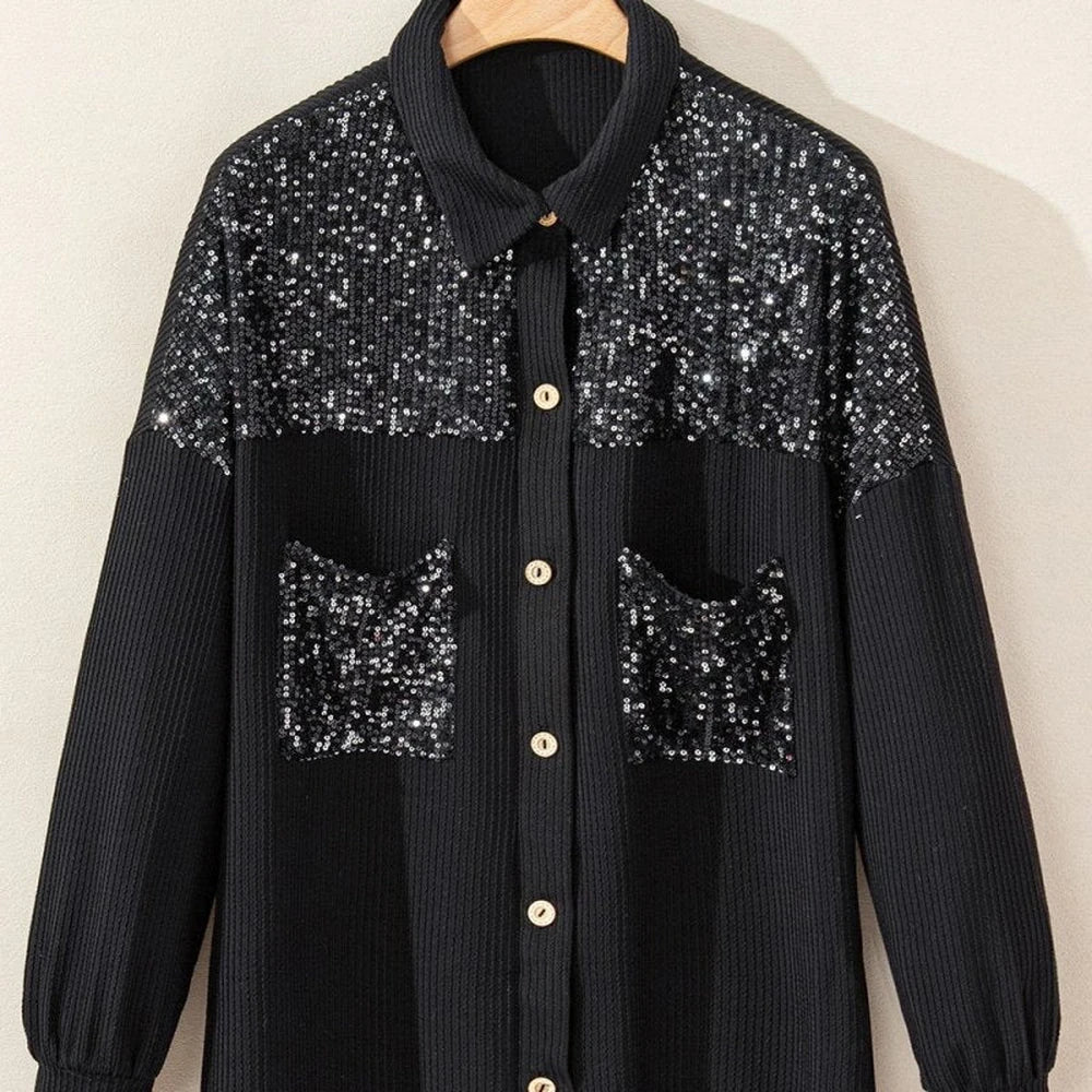 Sequin Button-Up Dropped Shoulder Jacket