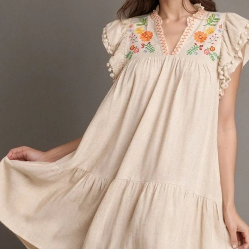 Floral Embroidery Ruffle Sleeve Mini Dress