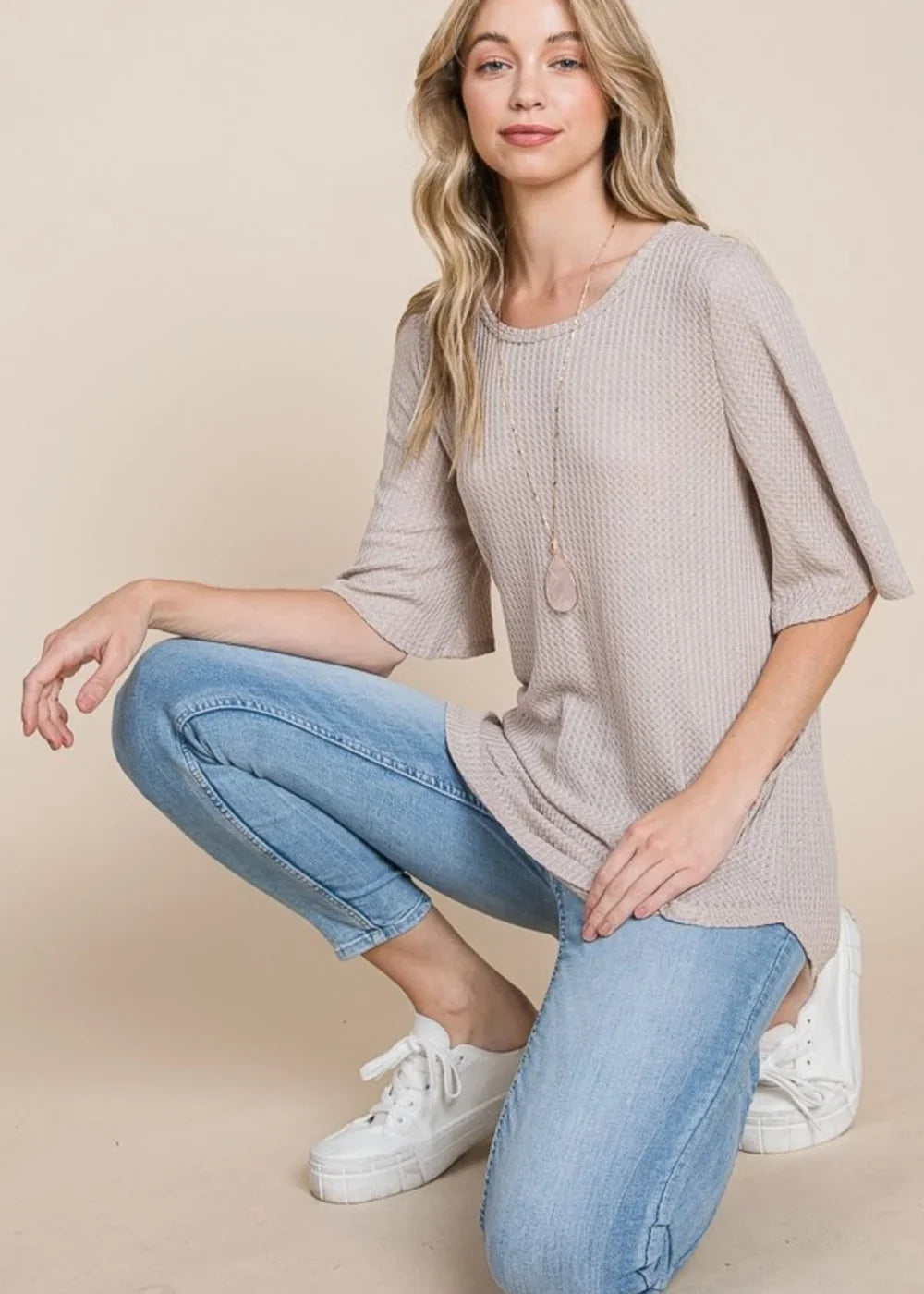 Waffle Knit T-Shirt - Sand