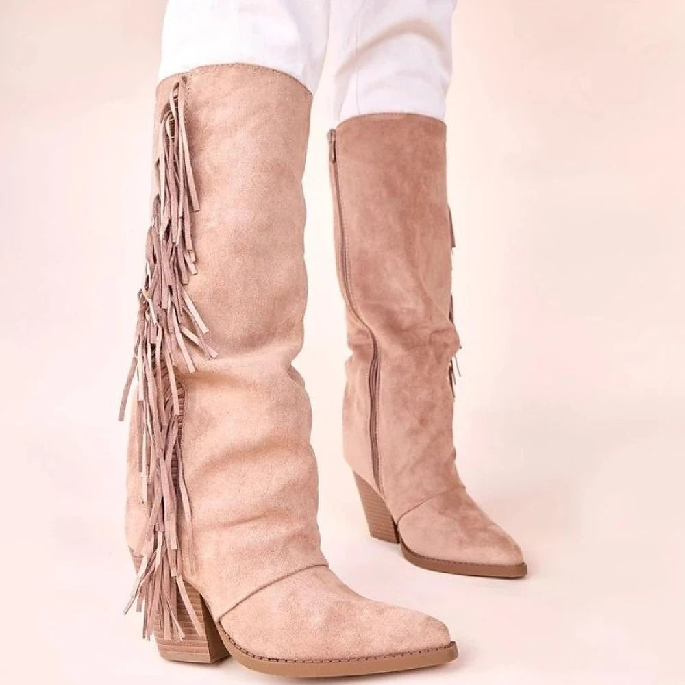 Beige Suede Fringe Cowboy Boots