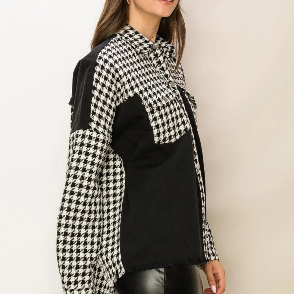 Houndstooth Contrast Raw Hem Jacket