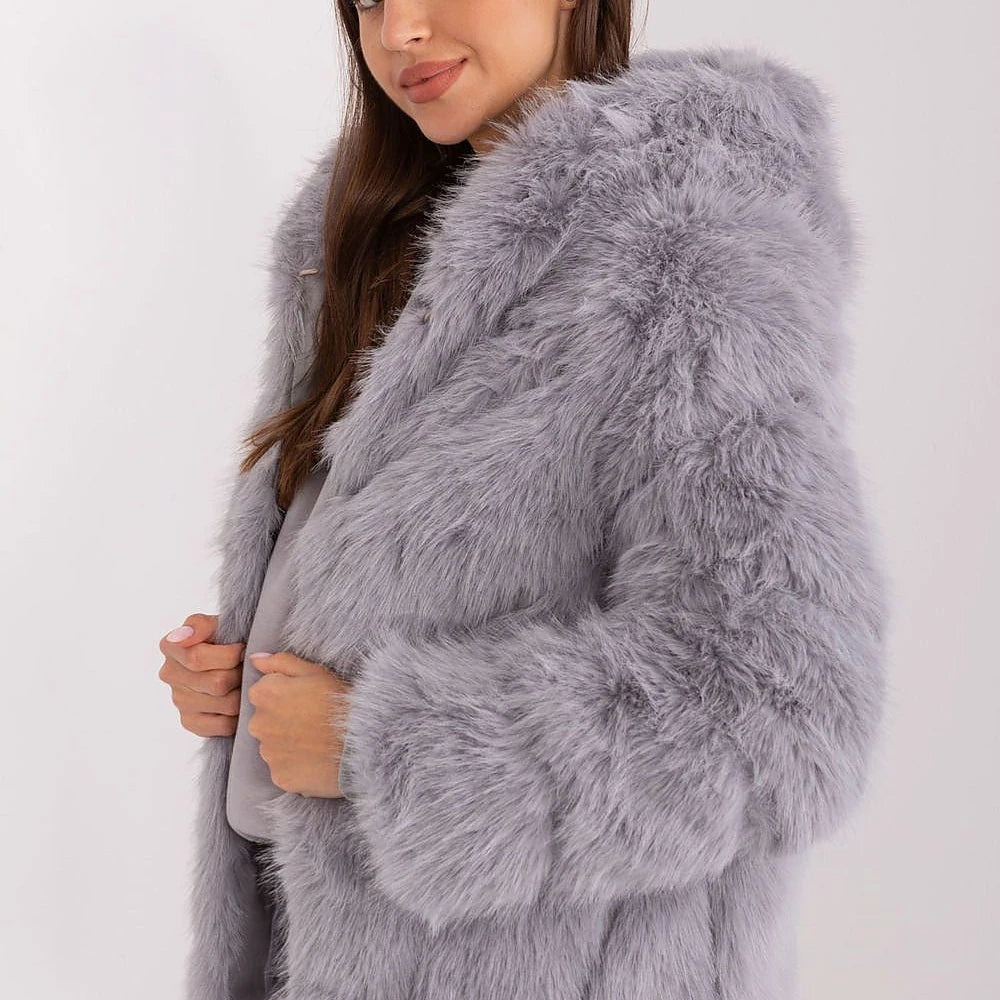 Women's Fur Hooded Jacket with Hook-and-Loop Closure