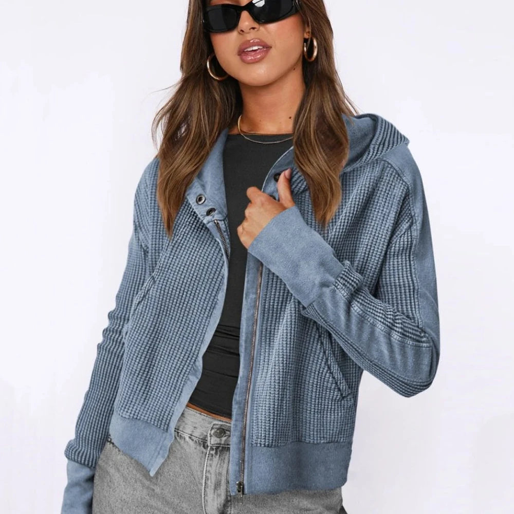 Waffle Knit Hooded Jacket with Dropped Shoulders