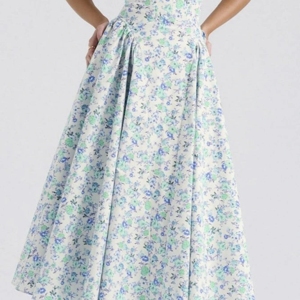 Floral Midi Dress Square Neck Wide Straps