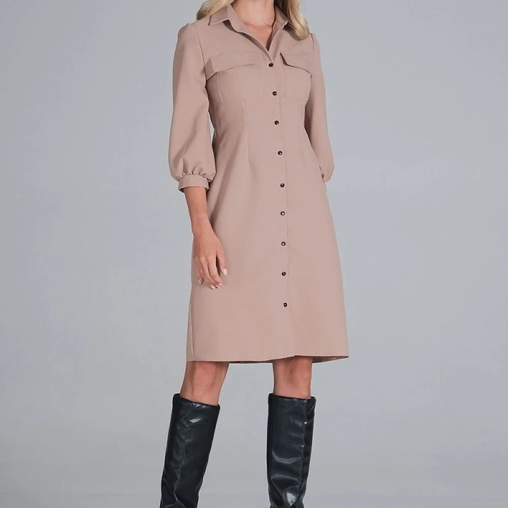 Midi Shirt Dress with Collar and 3/4 Sleeves