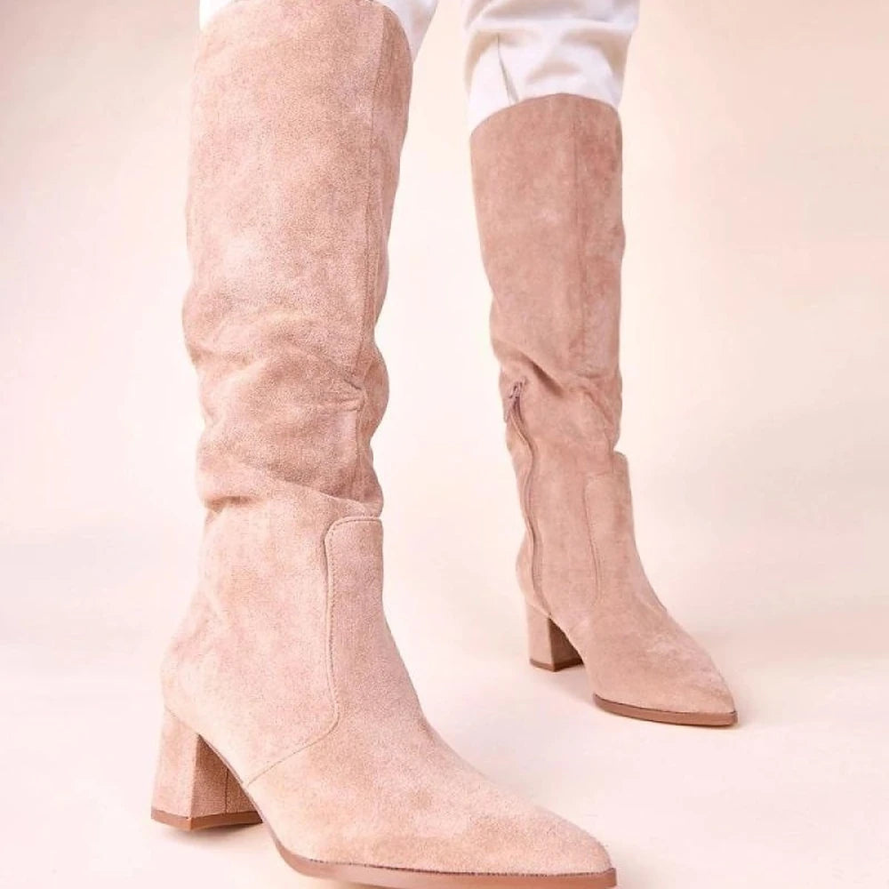 Beige Eco Suede Knee-High Boots