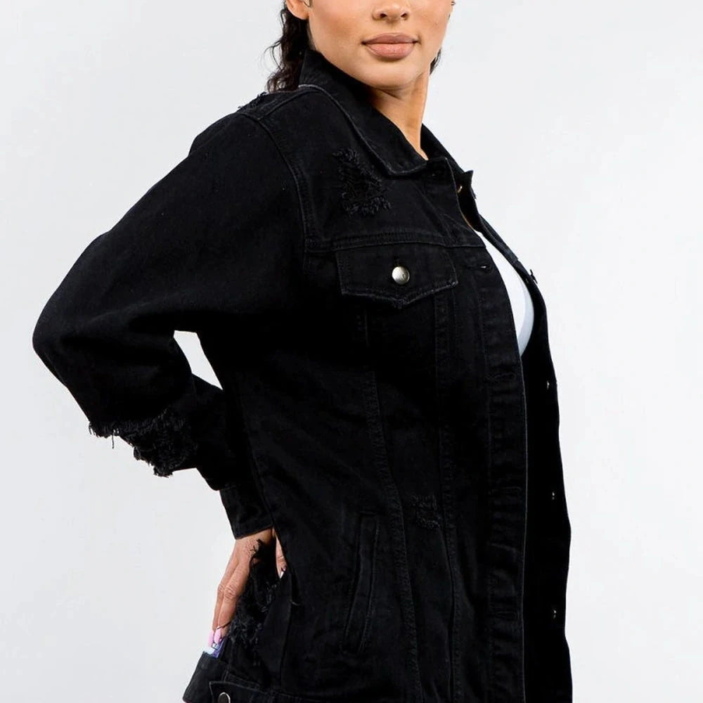Distressed Black Denim Jacket - Cotton Blend