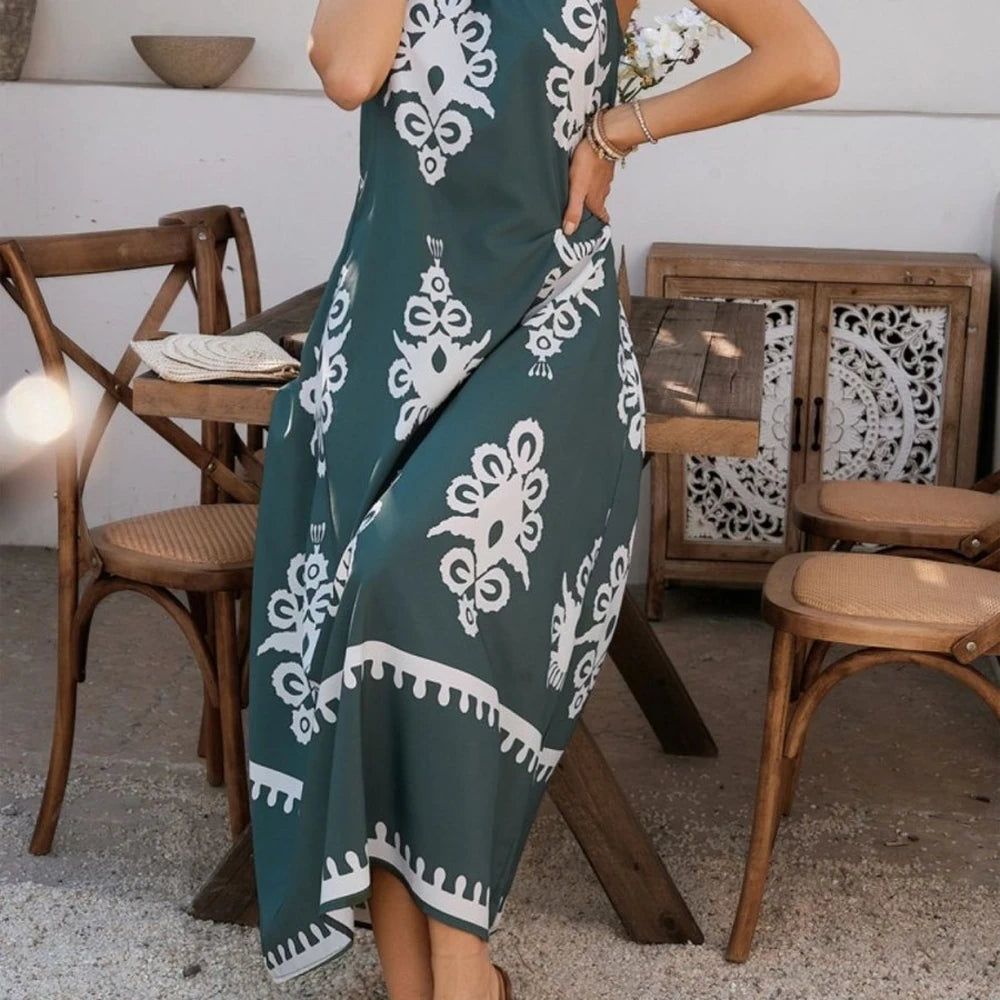Printed Maxi Dress with Grecian Neck