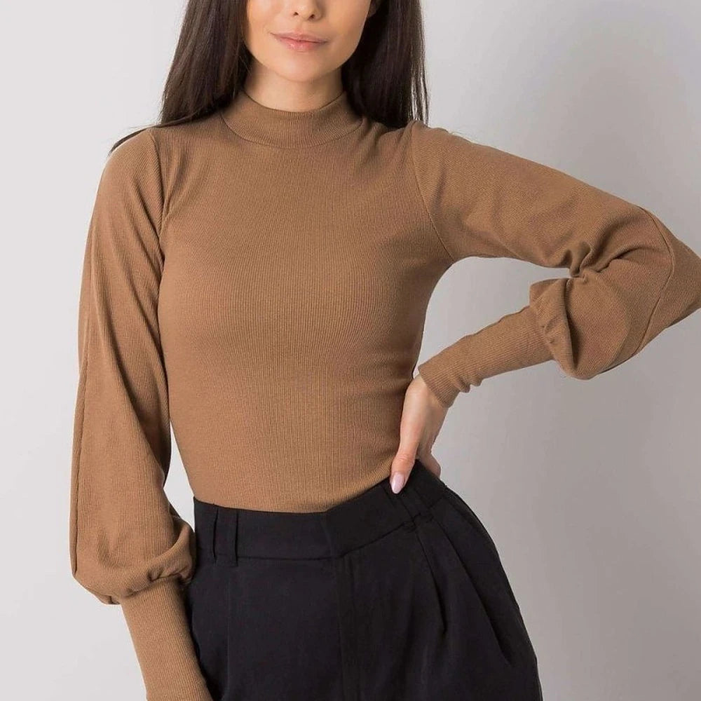 Ribbed Blouse with Long Sleeves and Wide Cuffs