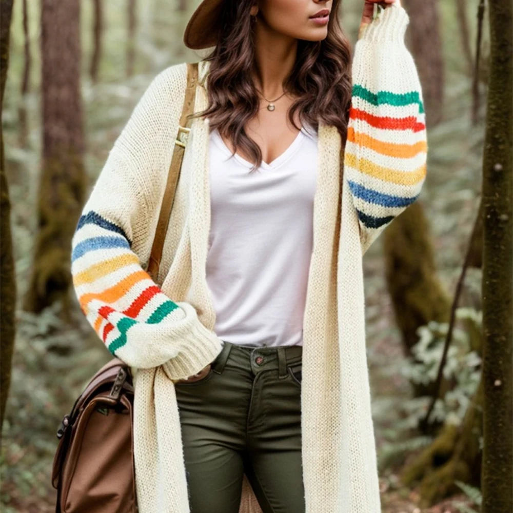 Striped Open Front Long Sleeve Cardigan