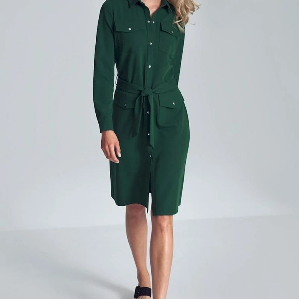 Black Midi Shirt Dress with Belt