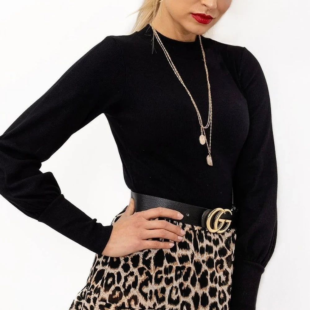 Ribbed Blouse with Long Sleeves and Wide Cuffs