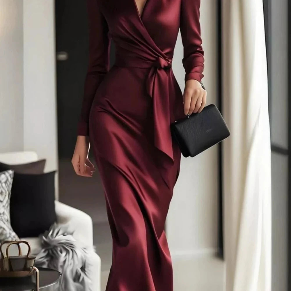 Surplice Satin Long Sleeve Maxi Dress