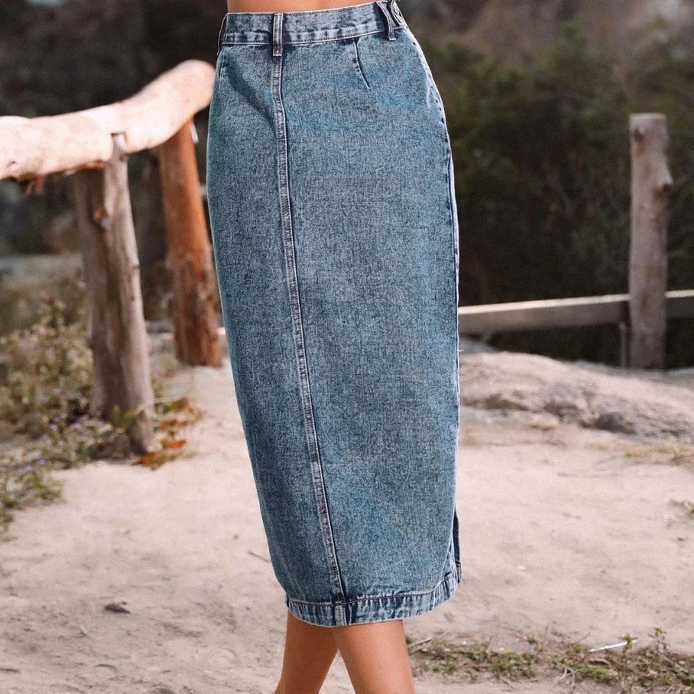Button Down Denim Skirt with Belt