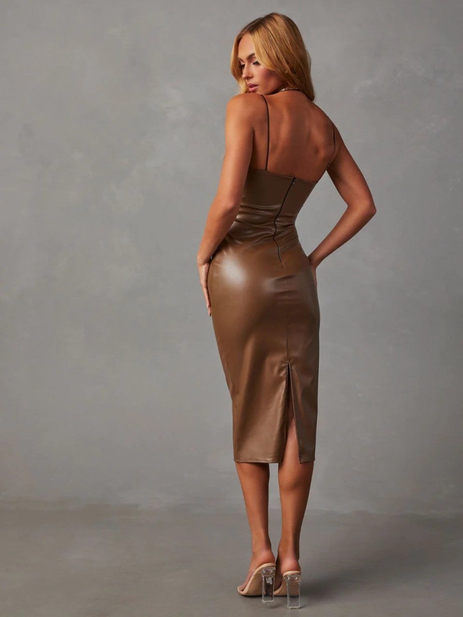 PU Leather Slit Midi Dress - 